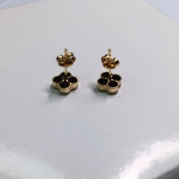 18K Yellow Gold Black Clover Flower Stud Earrings 7mm - Picture 3 of 11
